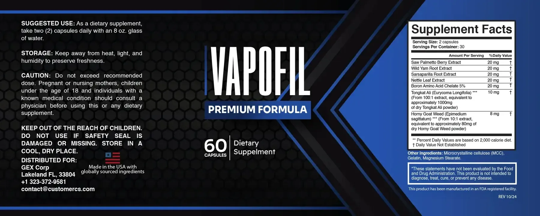 The full Vapofil label wrap: suggested use, storage, caution and Distributed for GEX Corp on the left, the VAPOFIL Premium Formula name and 60 capsules in the middle, and the Supplement Facts panel with seven ingredients, other ingredients and the FDA statement on the right