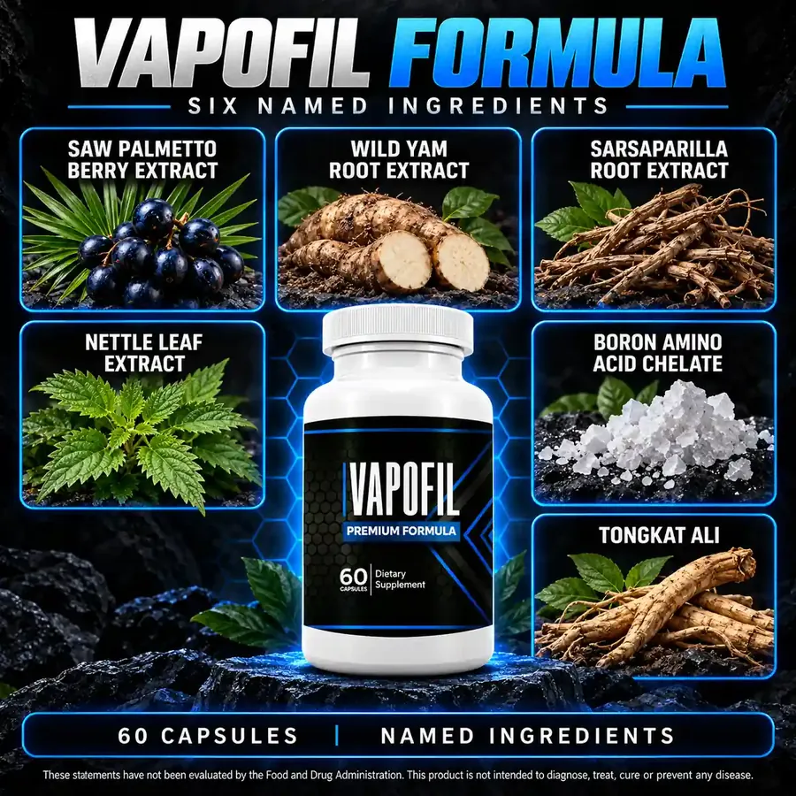 Brand graphic titled Vapofil Formula, six named ingredients, with tiles for saw palmetto berry, wild yam root, sarsaparilla root, nettle leaf, boron amino acid chelate and tongkat ali around a bottle