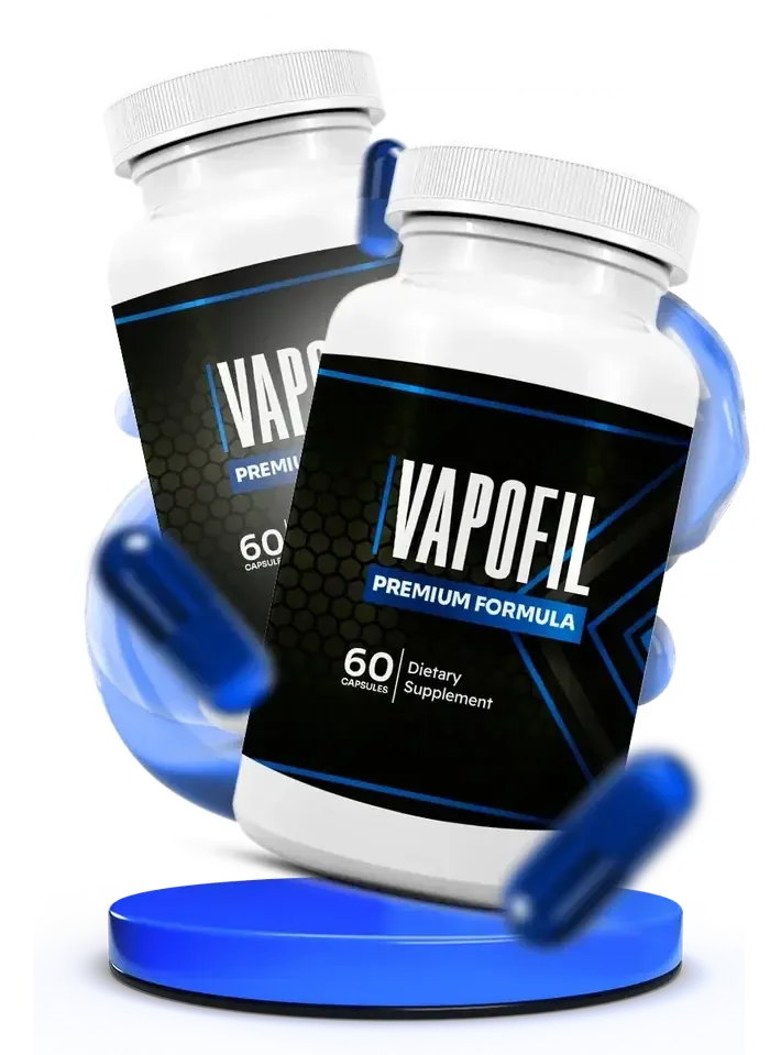 Two white Vapofil bottles beside a scatter of blue capsules