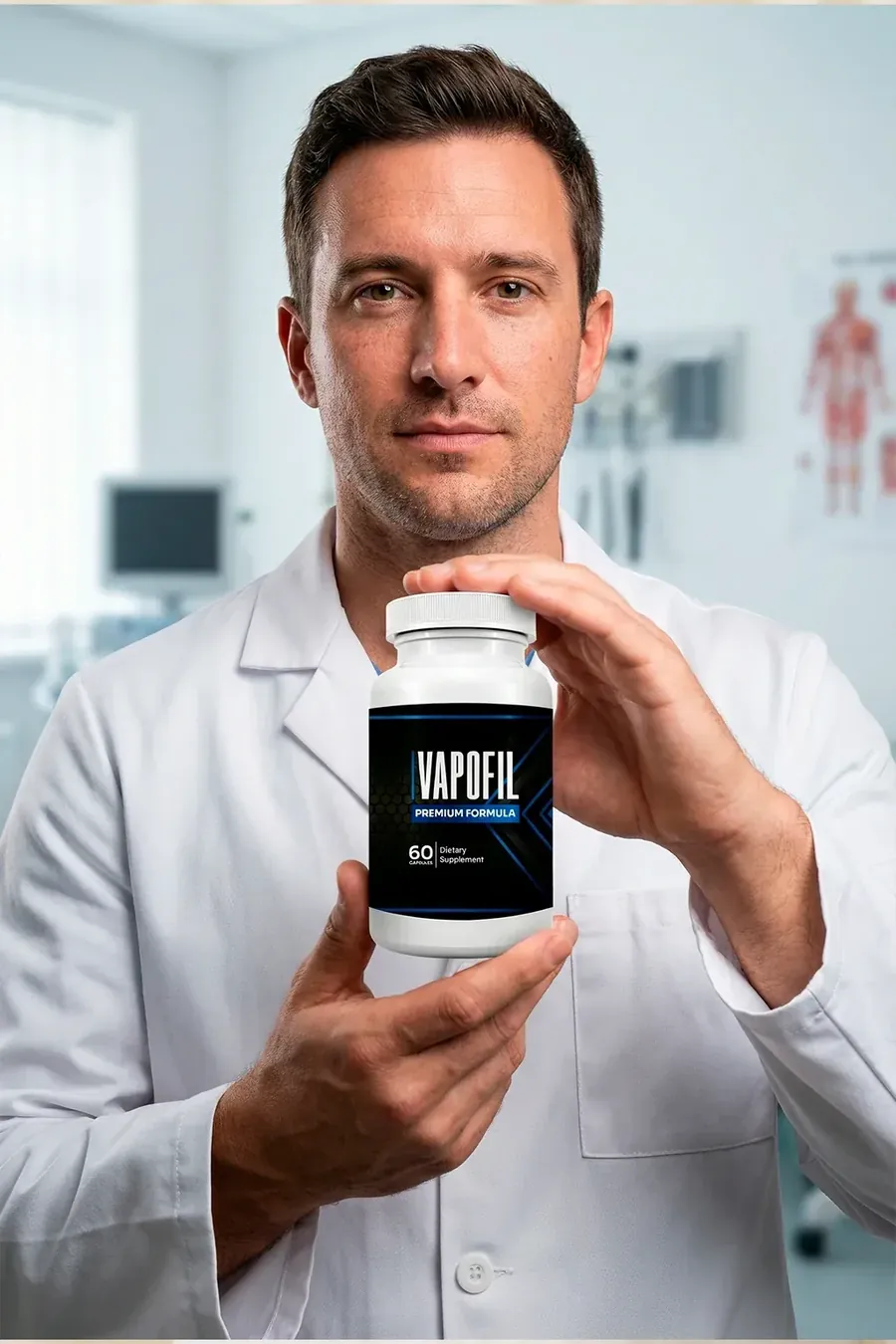 A man in a white coat holding a Vapofil bottle