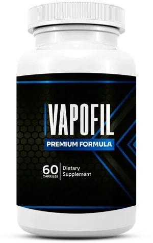A white Vapofil bottle with a black label, blue chevrons and the words Premium Formula