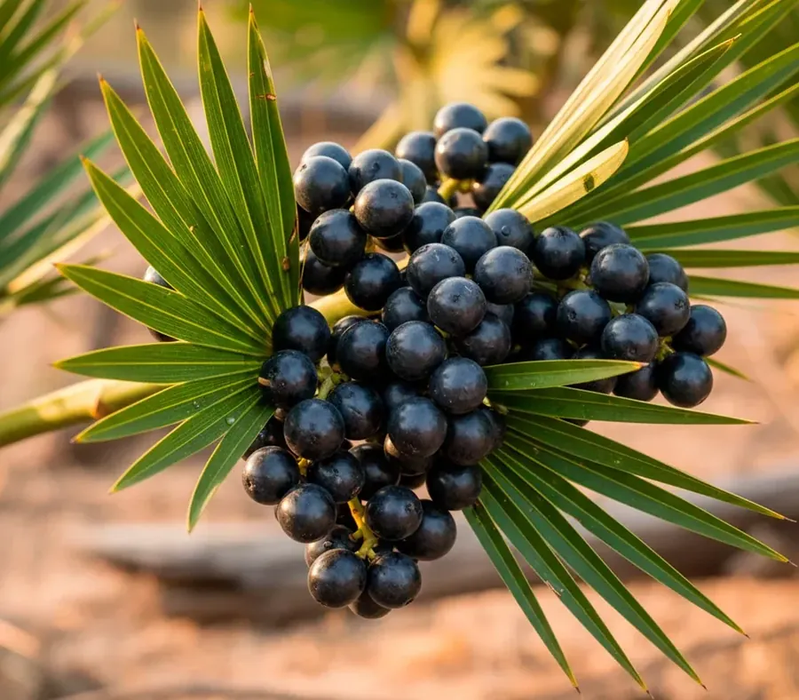Clusters of dark saw palmetto berries hanging among the fan-shaped leaves of the palm