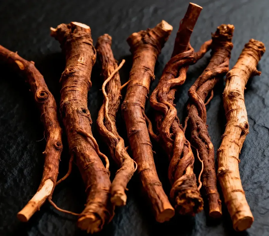 A bundle of twisted, dried brown roots on a plain background