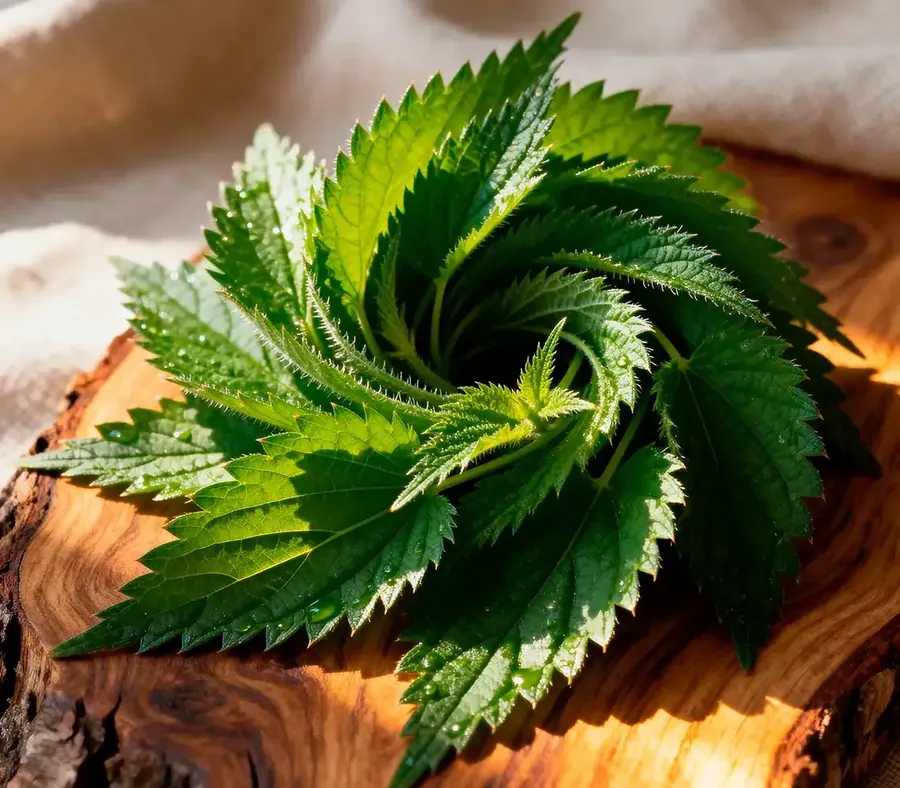 Fresh green stinging nettle leaves with jagged, toothed edges