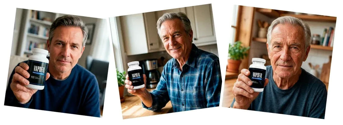 Instant-photo style brand image of men holding up the white Vapofil bottle
